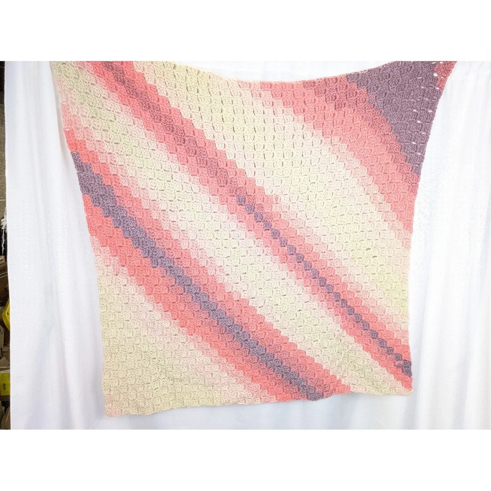 Handmade C2C Crochet Blanket‎ Throw Afghan Ombre Pink Cream Purple 40